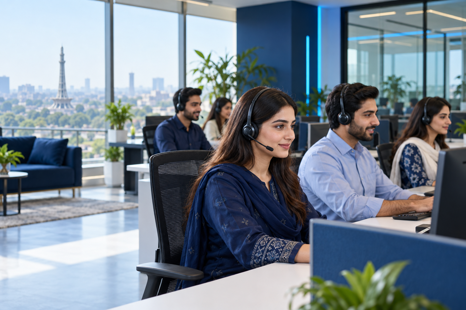 A customer operations floor with representatives handling inbound conversations